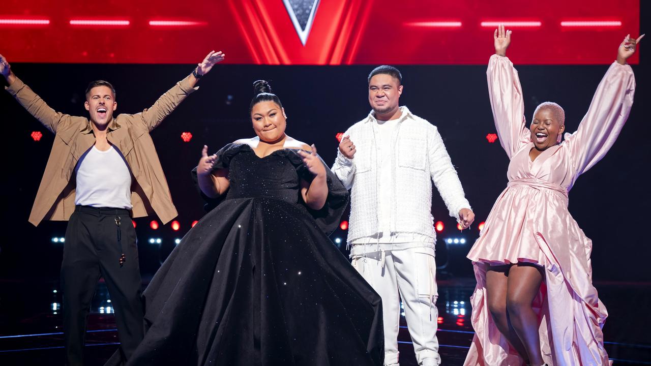 Lachie Gill (left) at The Voice semi-finals with fellow finalists Faith Sosene, Jordan Tavita, and Thando Sikwila. Picture: Supplied.