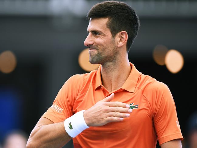 ADELAIDE, AUSTRALIA - JANUARY 03: Novak Djokovic of Serbia celebrates winning his match against Constant Lestienne of France during day three of the 2023 Adelaide International at Memorial Drive on January 03, 2023 in Adelaide, Australia. (Photo by Mark Brake/Getty Images)