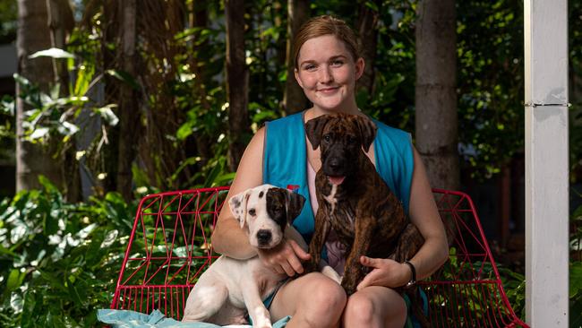 RSPCA volunteer Maddie Harold with pups up for adoption. The RSPCA has been campaigning for changes to the Residential Tenancies Act. Picture: Che Chorley