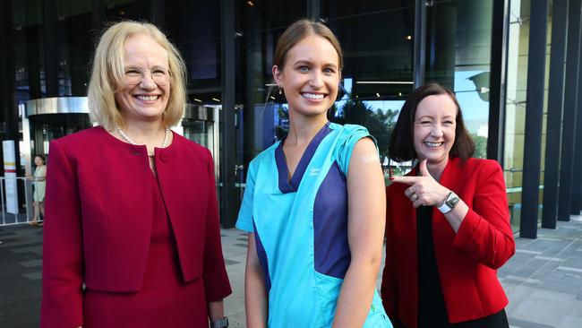 chief health officer Jeannette Young, first Qld vaccination recipient Nurse Zoe Park and Qld Health Minister Yvette D'Ath at Gold Coast University Hospital. Picture: Glenn Hampson.