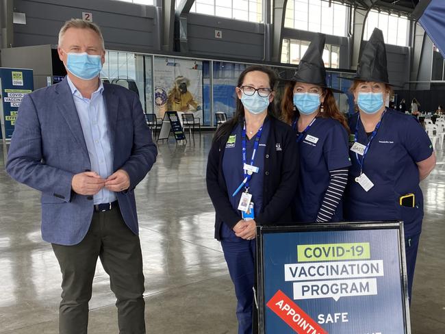 Health Minister Jeremy Rockliff at the MAC 02 Covid vaccine clinic with clinic staff Sass Christopher, Sheila O’Dwyer and Suzy Exarhakos. Picture: Supplied