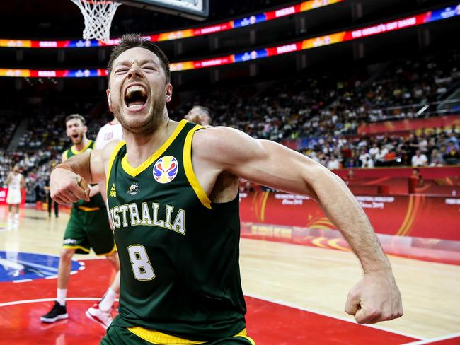 DONGGUAN, CHINA - SEPTEMBER 01: #8 Matthew Dellavedova of Australia celebrates a point during the 2019 FIBA World Cup, first round match between Canada and Australia at Dongguan Basketball Center on September 01, 2019 in Dongguan, China. (Photo by Zhizhao Wu/Getty Images)