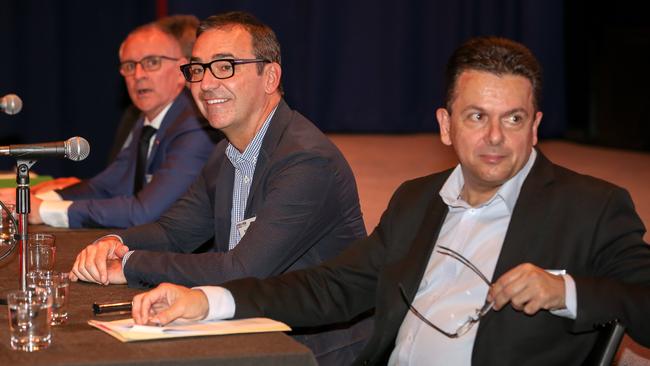 Jay Weatherill, Steven Marshall and Nick Xenophon at a leaders’ debate. Picture: AAP / Russell Millard