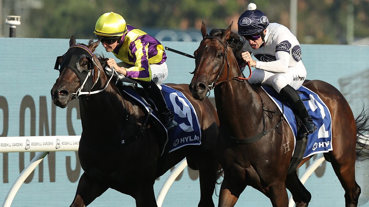 Zac Lloyd was suspended over his ride on Willaidow (left) in the Ajax Stakes, which was won by Iowna Merc. Picture: Getty Images