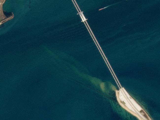 This handout satellite image released by Planet Labs shows the Kerch bridge that links Crimea to Russia. Picture: Handout / Planet Labs / AFP