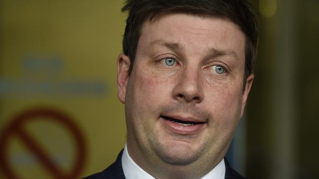 Tim Smith speaks to the media at Parliament House in Melbourne after he crashed his car last weekend while drink driving. Picture: Andrew Henshaw