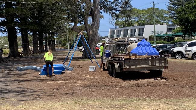 Workers take down parts of the playground in Banner Park, Brunswick Heads on Tuesday, December 1, 2020. Picture: Liana Boss