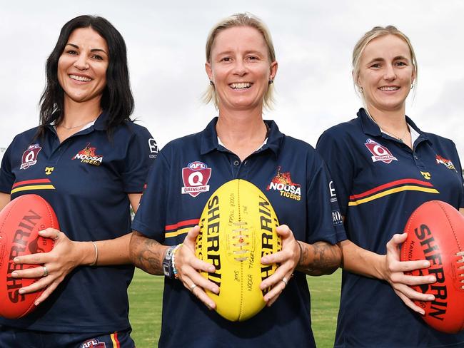 Noosa Tigers female players Courtney Dial, Dani Bishop-Kinlyside and Eliza Trompf. Picture: Patrick Woods.