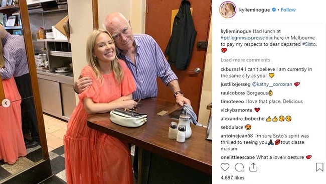 Kylie Minogue posts a photo from Pellegrini's on Instagram.