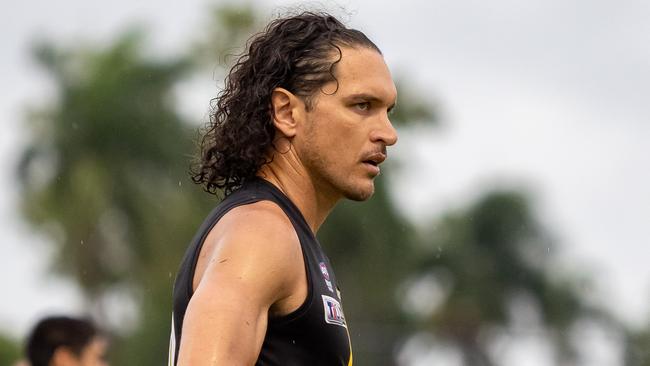 Nightcliff Tigers player Cam Ilett sustained a calf injury against PINT in Round 17 of NTFL Men's Premier League. Picture: David Bradley / AFLNT Media.