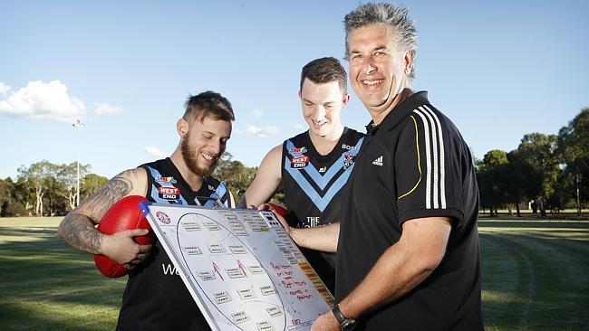 Blackfriars Hounds senior coach Aleks Bojanic with players Michael Iuliano and Jack Sande