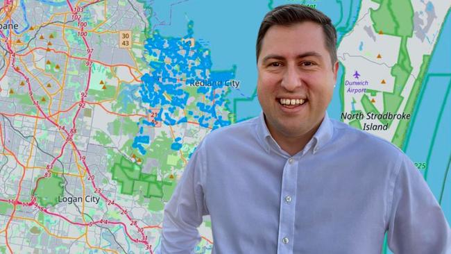 Bowman MP Henry Pike in front of a map showing some of the native title lots in blue. Picture: National Native Title Tribunal; Henry Pike