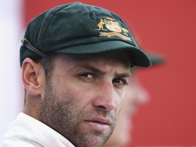 DUBAI, UNITED ARAB EMIRATES - OCTOBER 26: Phil Hughes of Australia looks on during Day Five of the First Test between Pakistan and Australia at Dubai International Stadium on October 26, 2014 in Dubai, United Arab Emirates. (Photo by Ryan Pierse/Getty Images)