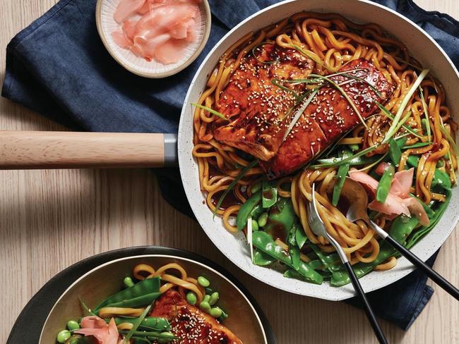 Teriyaki salmon with udon noodles.