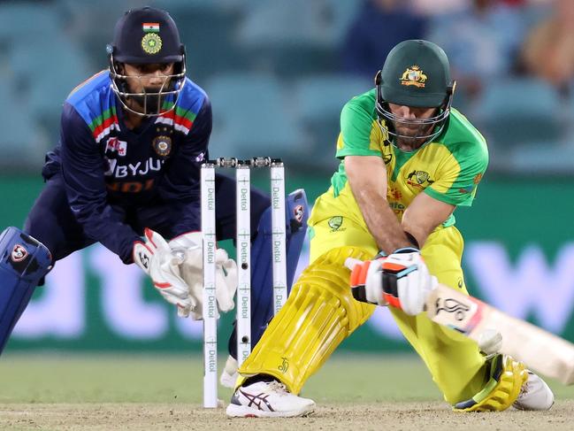 Australia's Glenn Maxwell plays a reverse sweep shot.