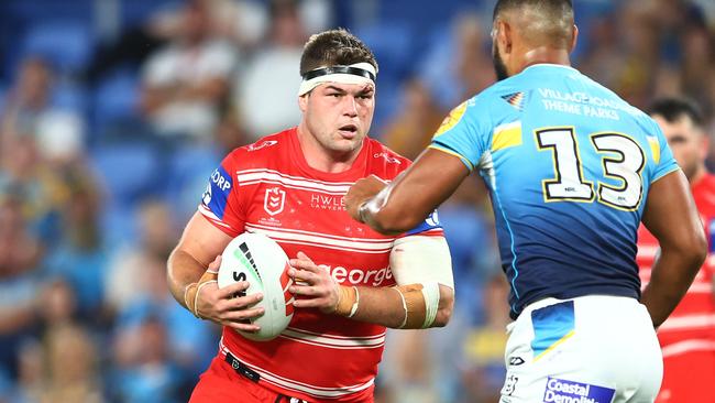 GOLD COAST, AUSTRALIA - APRIL 09: Blake Lawrie of the Dragons runs the ball during the round six NRL match between Gold Coast Titans and St George Illawarra Dragons at Cbus Super Stadium on April 09, 2023 in Gold Coast, Australia. (Photo by Chris Hyde/Getty Images)