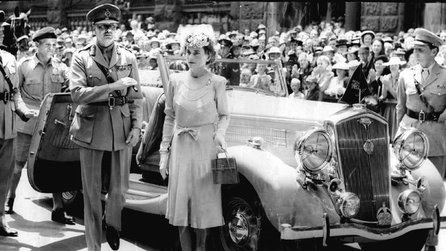 JANUARY 10, 1947 : Australia's new Governor-General Prince Henry & wife Princess Alice, Duke & Duchess of Gloucester are welcomed by crowds lining Martin Place in Sydney, as they step from vice-regal Wolseley car to place wreath at the Cenotaph, 10/01/47. Picture: News Limited.