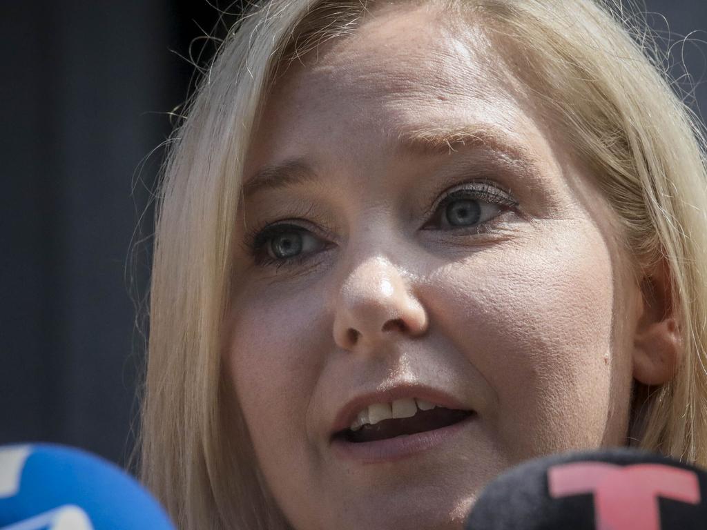 Virginia Roberts Giuffre, a sexual assault victim, speaks during a press conference outside a Manhattan court in New York. Picture: AP Photo/Bebeto Matthews