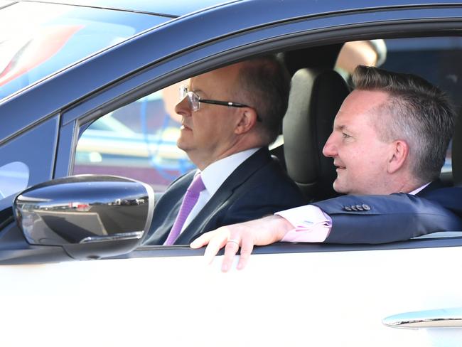 Anthony Albanese and Chris Bowen test drive a new electric car. Picture: NCA NewsWire / Jeremy Piper