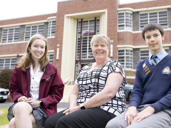 Hobart High school new principal, Deb Day with year 8 students Freya Smith and Daniel Reynolds. At Ogilvie High School. Picture Eddie Safarik