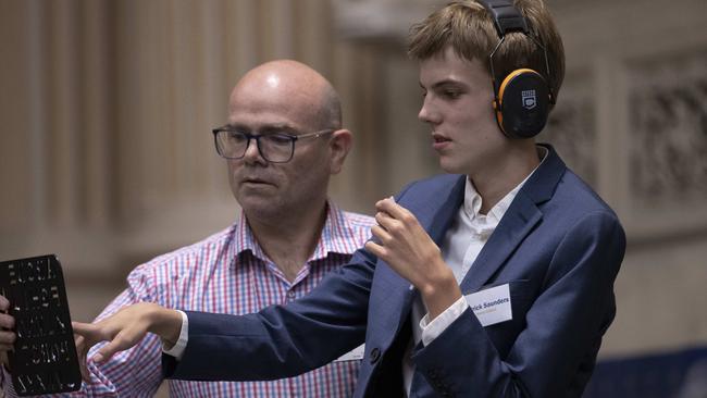 Teen Parliament participant Patrick Saunders with dad Travis Saunders at Parliament House. 14th February 2025 Picture: Brett Hartwig