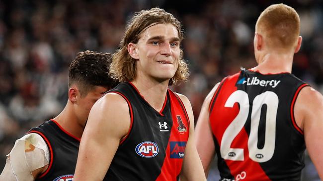 Harrison Jones of the Bombers looks dejected after the loss to Collingwood. Picture: Dylan Burns/AFL Photos via Getty Images