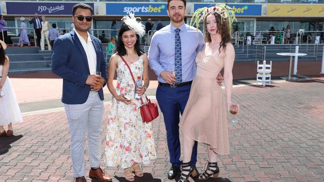 MELBOURNE, AUSTRALIA – OCTOBER 16 2024 Elena, Armin, Kushan and Rutvi at the Caulfield Social race day at Caulfield racecourse on Wednesday 16th October, 2024 Picture: Brendan Beckett