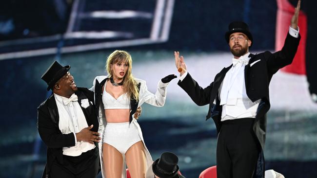 Kelce surprised the crowd as he danced beside Swift in a black and white suit, complete with a top hat. Picture: Getty Images