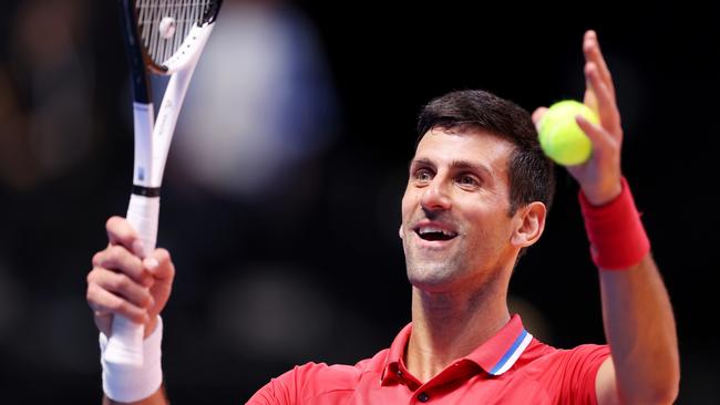 Novak Djokovic reacts while playing against Sebastian Ofner of Kites during day five of the World Tennis League at Coca-Cola Arena on December 23, 2022 in Dubai, United Arab Emirates. (Photo by Christopher Pike/Getty Images)