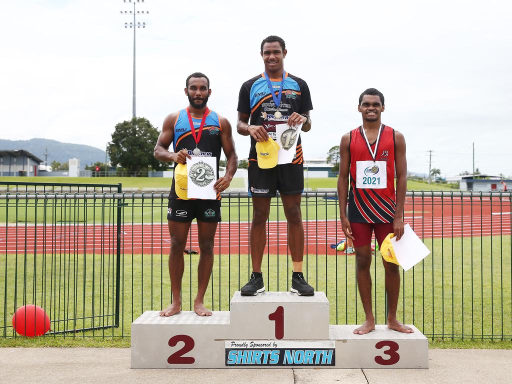 Hamiso Tabuai-Fidow (centre) ran a PB of 10.80 in the 100m sprint at 16 years of age. Picture: BRENDAN RADKE