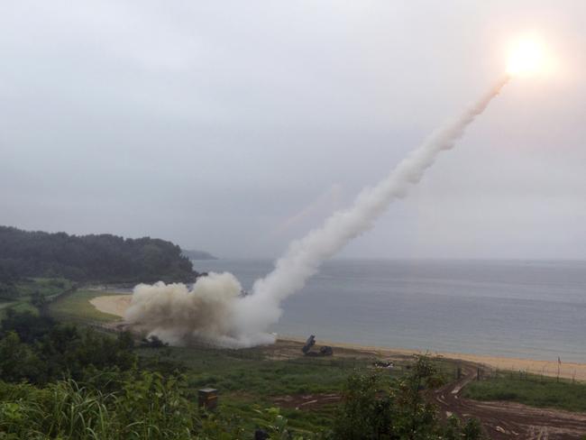 The US Army Tactical Missile System fires a missile during acombined military exercise between the US and South Korea in retaliation to North Korea’s test launch. Picture: AP