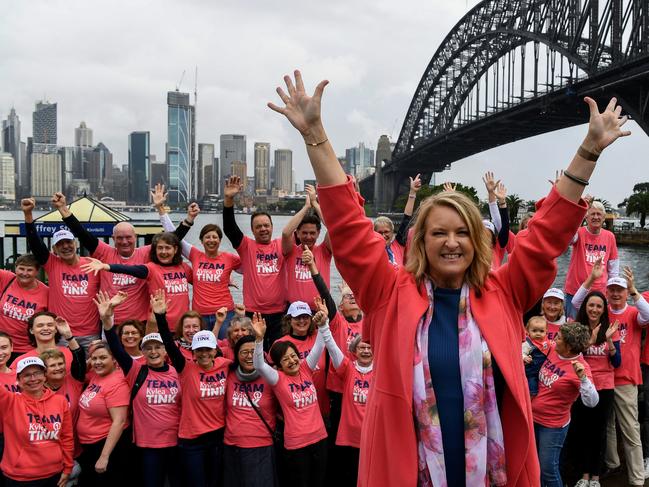 MP for North Sydney Kylea Tink poses for a photograph with her supporters at Jeffrey Street Wharf in Sydney, Monday, May 23, 2022. Liberal MP Trent Zimmerman has lost his seat of North Sydney to independent Kylea Tink. (AAP Image/Bianca De Marchi) NO ARCHIVING