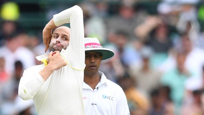 Australia's Nathan Lyon prepares to unleash. Picture: AAP