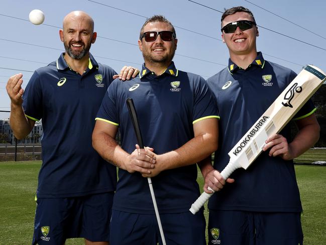 Nathan Lyon with Blind Ashes squad members Lincoln Muddle and Oscar Stubbs at Cricket Central on November 6, 2024.  The Blind Ashes series gets under of November 17. Photo by Phil Hillyard(Image Supplied for Editorial Use only - **NO ON SALES** - Â©Phil Hillyard )