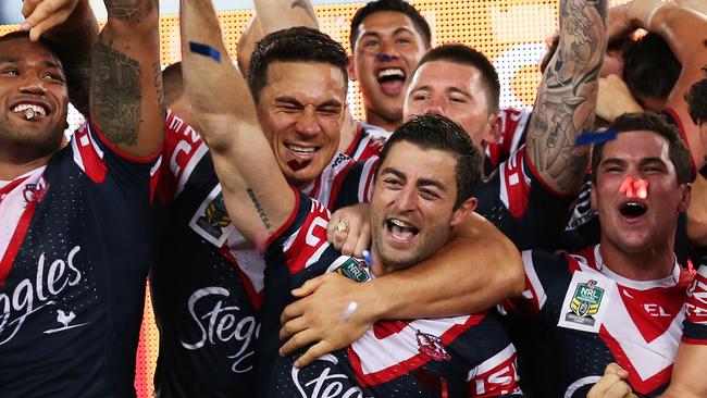 Sonny Bill Williams, Anthony Minichiello and the Roosters celebrate winning NRL Grand Final, Sydney Roosters v Manly Sea Eagles at ANZ Stadium. pic. Phil Hillyard