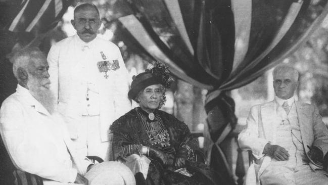 Ex-Queen Liliuokalani with Sanford B. Dole,  Governor Lucius E. Pinkham and Captain Henri Berger at Berger's birthday celebration in Hawaii 1914.