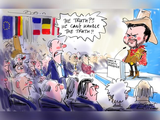 Johannes Leak Commentary page cartoon for 17-02-2025 Version: Commentary Cartoon  (4:3, 1024x768 - Aspect ratio preserved, Canvas added)COPYRIGHT: The Australian's artists each have different copyright agreements in place regarding re-use of their work in other publications.Please seek advice from the artists themselves or the Managing Editor of The Australian regarding re-use.