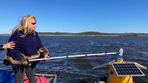 Port Macquarie Mayor Peta Pinson christening the Revive Lake Cathie water sensor. Pics Daniel Mills