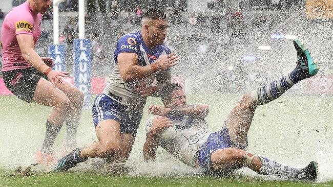 Nick Cotric and Corey Allan make a splash at Bankwest Stadium. Picture: Getty Images