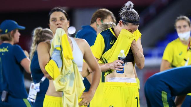 Dejected Matildas Sam Kerr and Alanna Kennedy after the loss. Picture: Adam Head