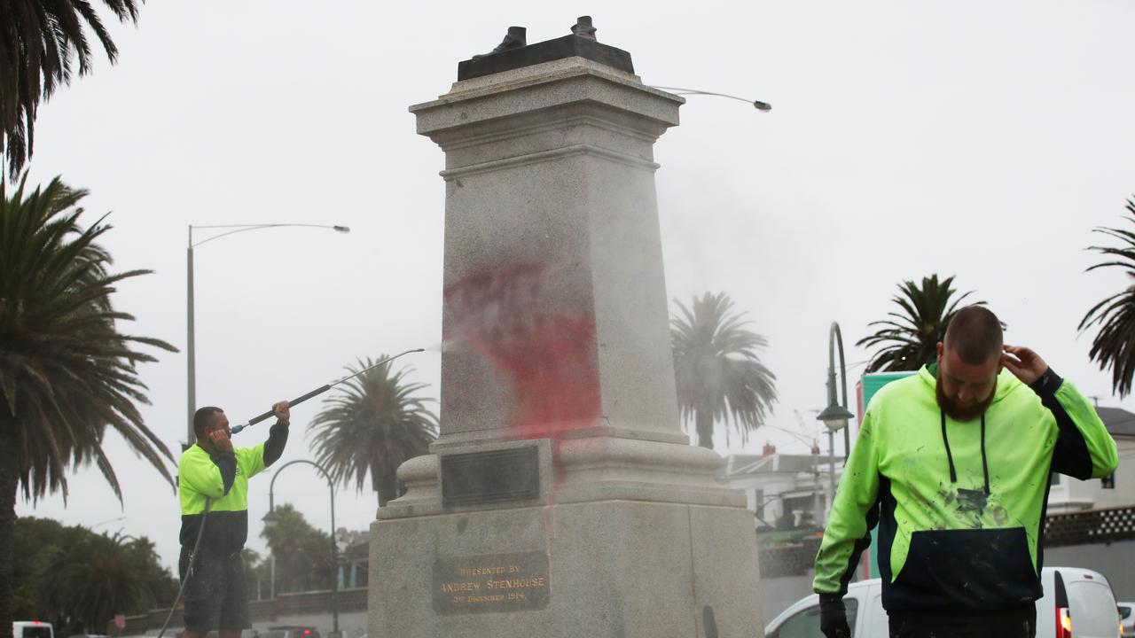 The statue of Captain Cook in St Kilda, Melbourne, was cut down and defaced on January 25, 2024. Picture: David Crosling