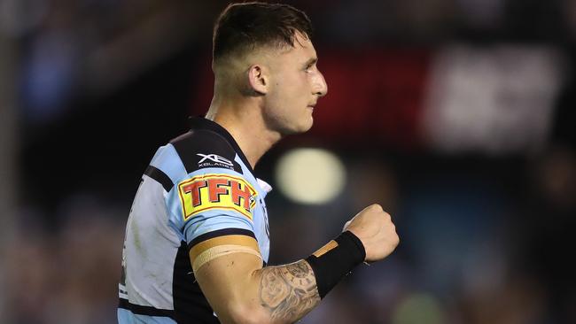 Cronulla's Bronson Xerri celebrates his matchwinning try. Picture: Brett Costello