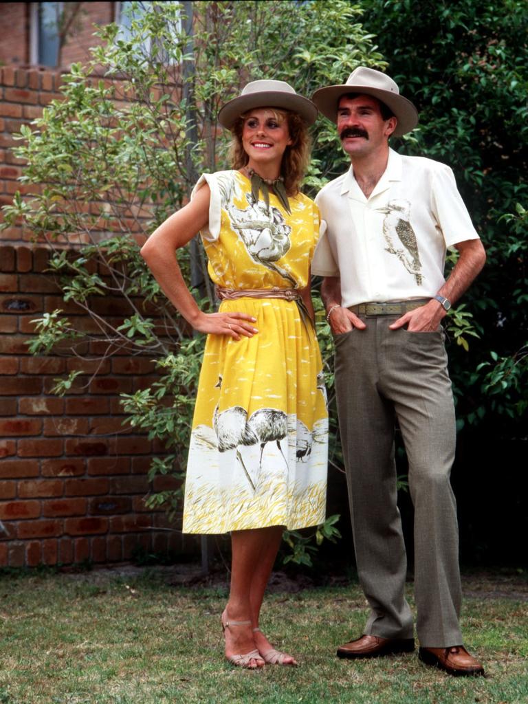 Animalistic: Michelle Baumgartner and Robert De Castella model the uniform for LA 1984