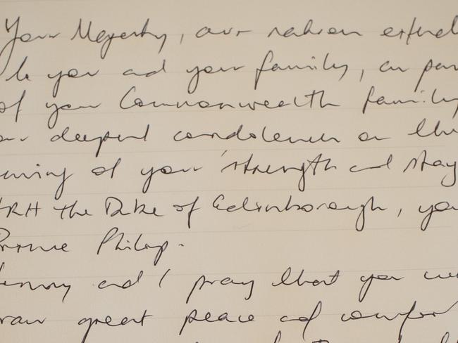 Messages from Prime Minister and his wife  in  a book of condolence at Government House in Sydney to pay his respects to HRH Prince Philip, The Duke of Edinburgh, who died in the UK last night (Australia time). (Pictures by Julian Andrews).