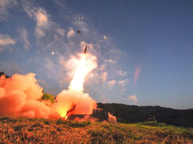 South Korea's missile system firing Hyunmoo-2 missile into the East Sea from an undisclosed location on South Korea's east coast during a live-fire exercise simulating an attack on North Korea's nuclear site. Picture: AFP