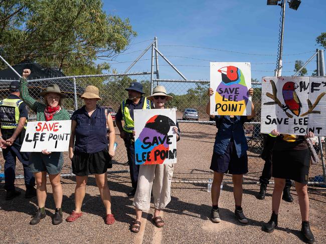 Protesters are picketing the Lee Point Defence Housing Australia Development as bulldozers move in on Stage 2 of the project. Picture: Pema Tamang Pakhrin