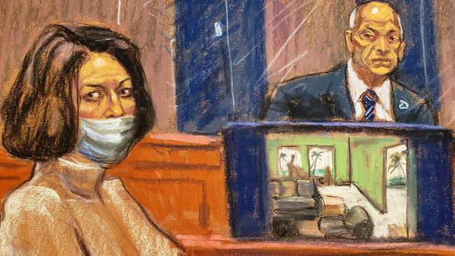 A sketch shows Ghislaine Maxwell in court for her trial on charges of sex trafficking, in New York City. Picture: AFP