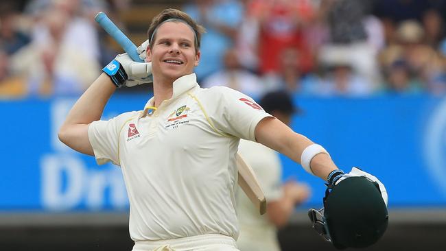 Steve Smith celebrates his century on the fourth day of the first Ashes cricket Test match against England at Edgbaston in 2019. Picture: AFP