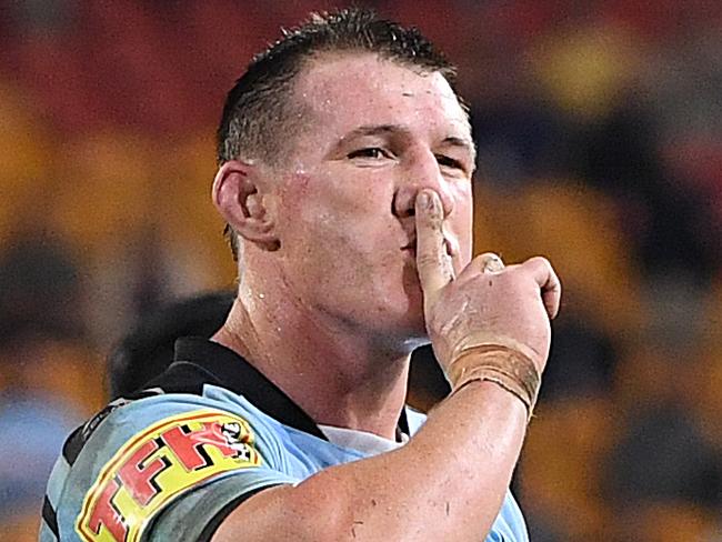 Paul Gallen of the Sharks reacts after kicking a conversion on full time during the Round 9 NRL match between the Gold Coast Titans and the Cronulla Sharks at Suncorp Stadium in Brisbane, Thursday, May 9, 2019.  (AAP Image/Dave Hunt) NO ARCHIVING, EDITORIAL USE ONLY