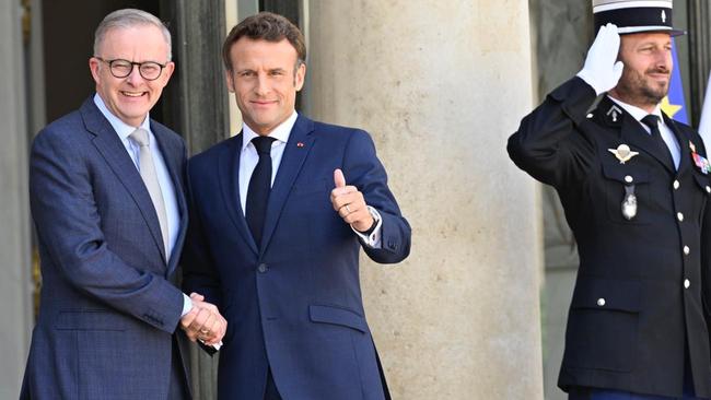 Emmanuel Macron welcomes Anthony Albanese to the presidential Elysee Palace in Paris. Picture: Supplied by the PMO